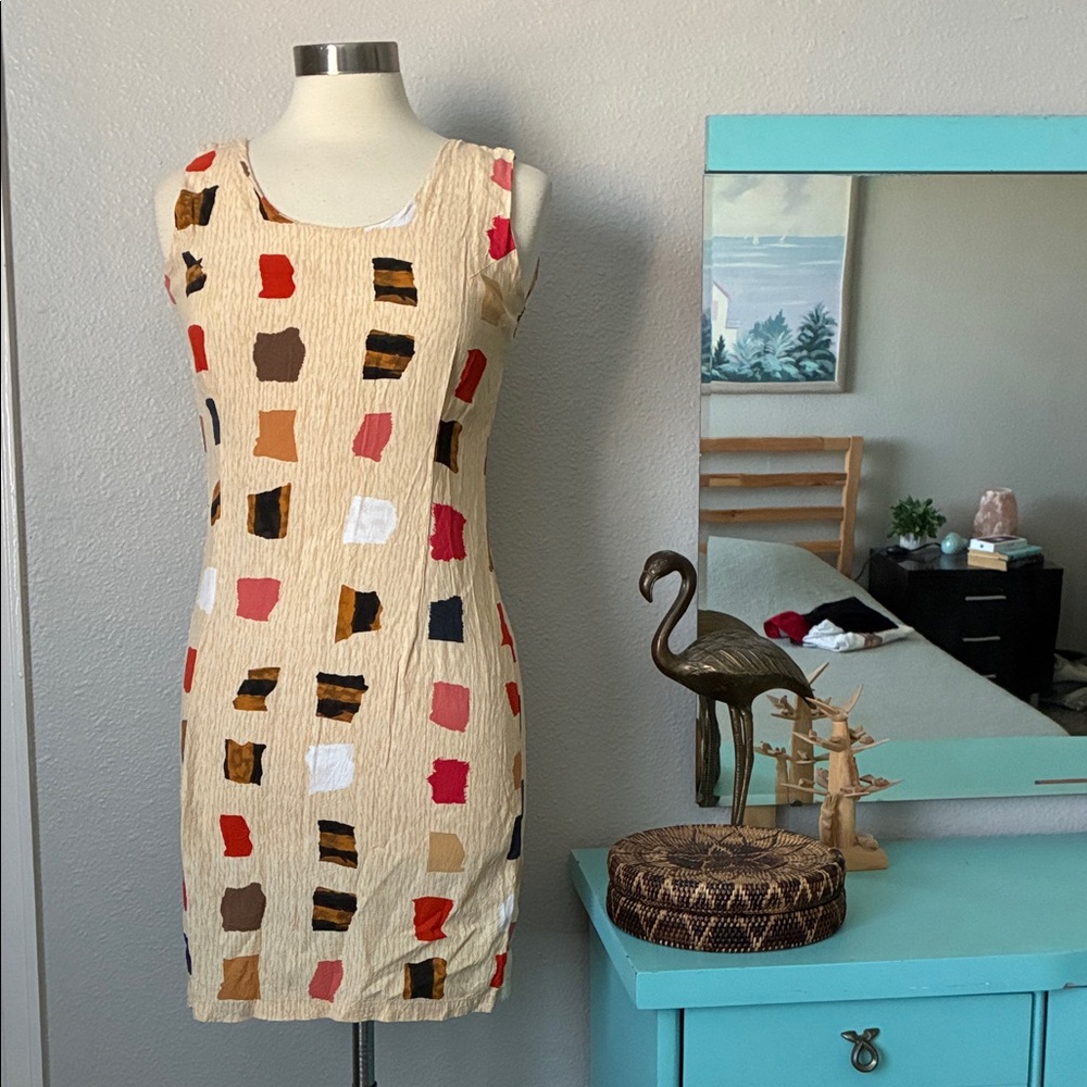Vintage Jams World Sleeveless Beige Mini Sheath Dress Multicolor Geo Print Sz 6